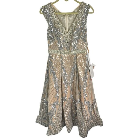 Mac Duggal 4 Nude Silver Cap Sleeve V Neck Midi Gown Art Deco Tea Length 67533 - Picture 2 of 16